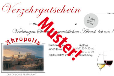 Der Gutschein vom Restaurant Akropolis. Das ideale Geschenk zu jedem Anlass.