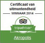 Het Certificaat van uitmuntendheid. Uitgereikt aan Akropolis retaurant in 2014 door TripAdvisor.